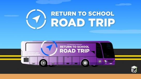 Photo of a purple bus with white text overlay reading "Return to School Road Trip" with the Return to School Roadmap logo