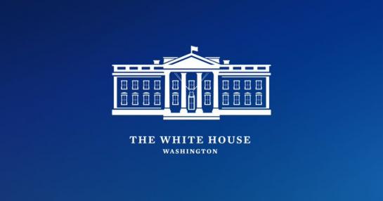 Blue background with the white White House logo. Underneath the logo in white text reads, "THE WHITE HOUSE," followed by "Washington"