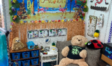 [image of a space in a classroom that is called the Calming Corner, with Hawaii themed decorations]