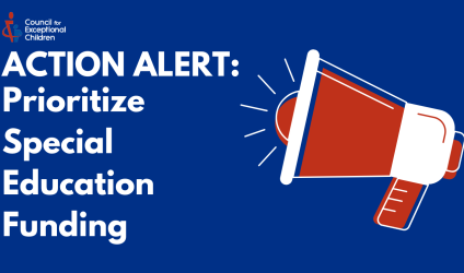 Text reads "Action Alert: Prioritize Special Education Funding" with a red microphone graphic next to it.