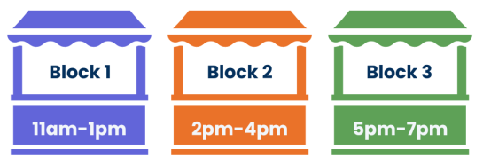3 Booth Icons with text. First booth says "Block 1, 11am-1pm;" second booth says "Block 2, 2pm-4pm;" third booth says "Block 3: 5pm-7pm."