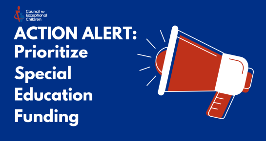Text reads "Action Alert: Prioritize Special Education Funding" with a red microphone graphic next to it.